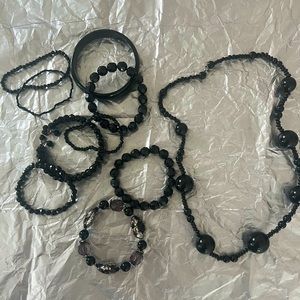 Multiple bracelets & necklace black jewelry, can be layered or worn separately-